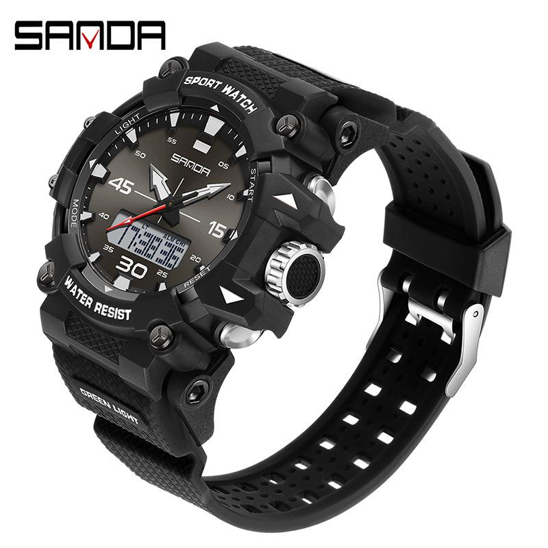 Sanda Waterproof Men s Sports Wristwatch with Dual Display, Multi-function Calendar, Luminous Features, and Large Simple Dial