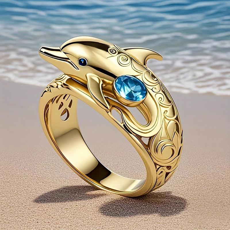 Huitan Chic Dolphin Design Finger Rings for Women Ocean Animal Rings with Blue Cubic Zirconia Gifts Daily Wear Fashion Jewelry