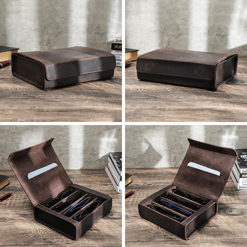Set of 4 Handmade Vintage Crazy Horse Leather Eyeglass Cases with Magnetic Snap Closure