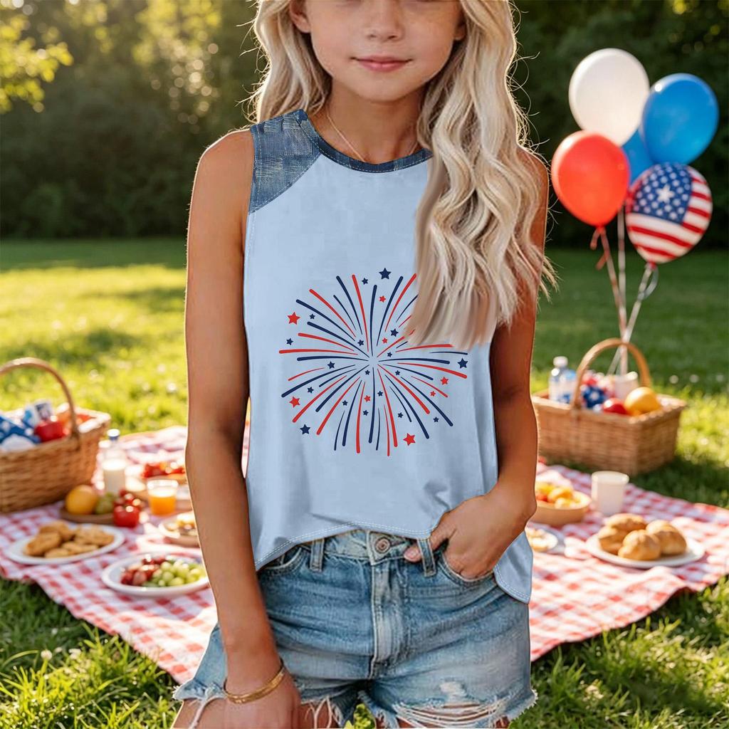 Girls Sleeveless Loose Fit Tank Top Independence Day Firework Print Round Neck Denim Patchwork T Shirt Summer Casual Tee