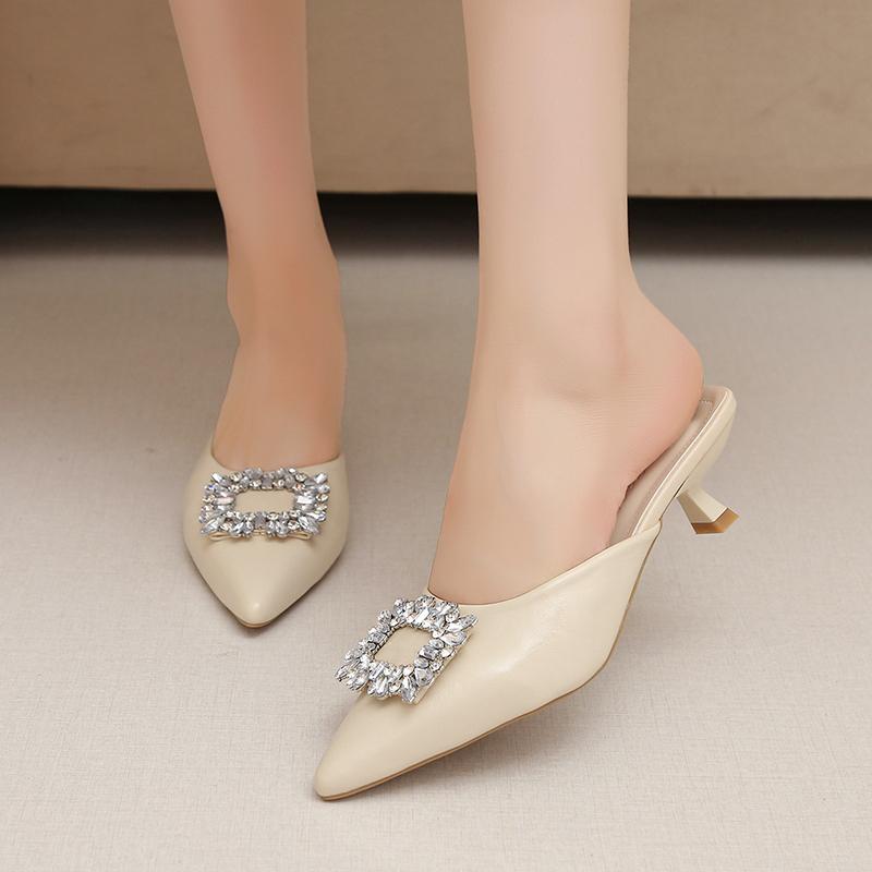Fashion Pointed Toe Shallow Slip Rhinestone Square Buckle Stiletto Heel Semi-drag Women's Fashion Non-Slip Wear-Resistant Wrapped