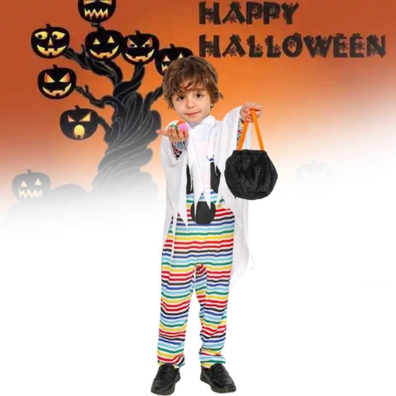 Halloween Child Costume For Kids With Polyester Fabric And Playful Striped Ghost Design For Party Performance