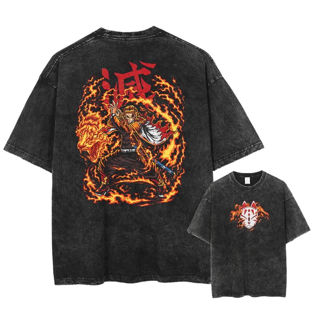 Anime Streetwear Rengoku Kyoujurou Top Tee Harajuku Demon Slayer Printed T-shirt Vintage Washed Oversized Men's Women's