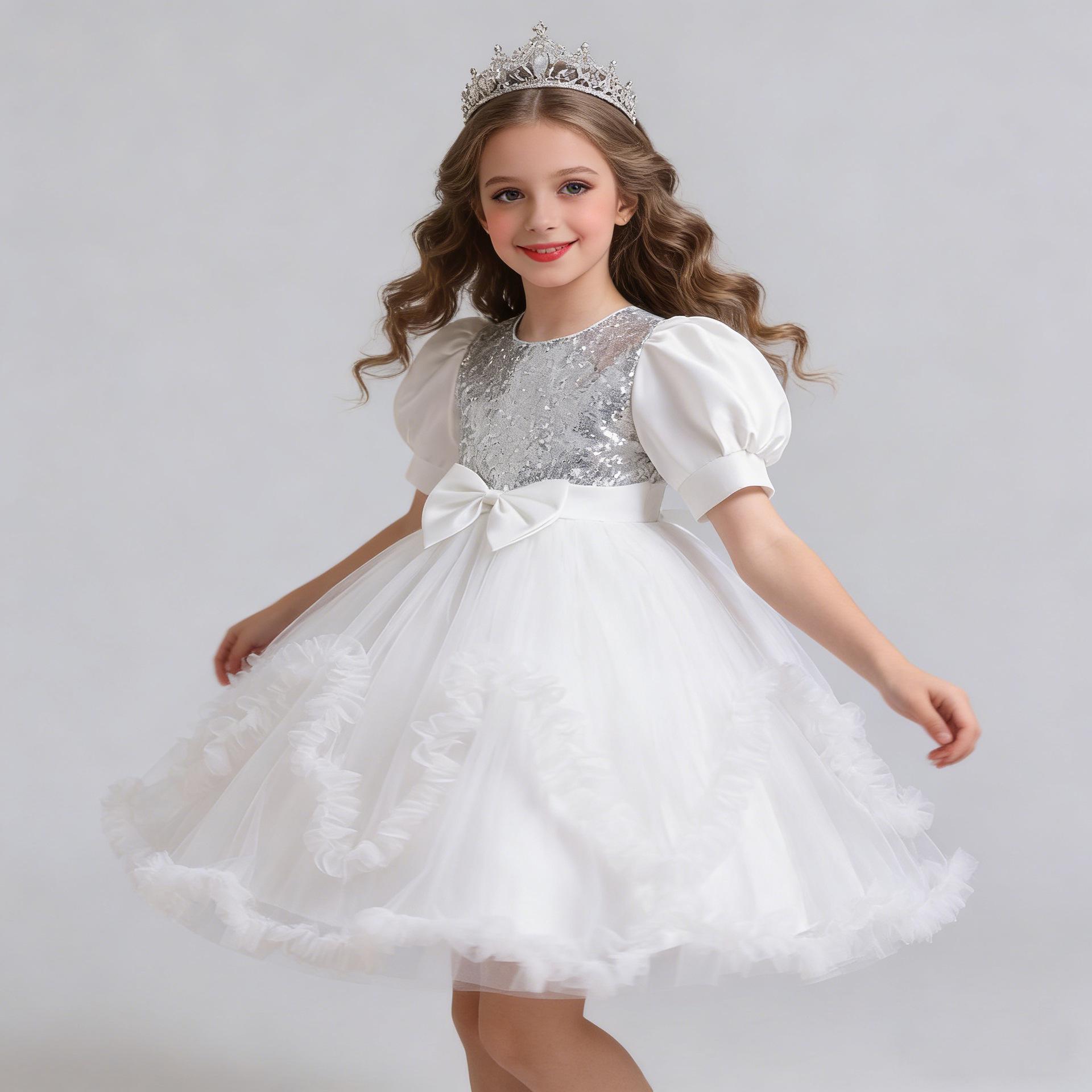 

Sequined Bow Puff Sleeve Princess Dress for Girls: Toddler & Child Performance Gown 110 cm білий