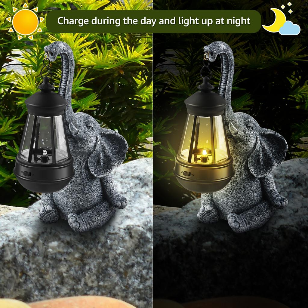 Solar Statue Elephant Figurine Frog Decorative Lanterns Resin 10 Inch for Outdoor Spaces Lawn Garden/Yard Decortion