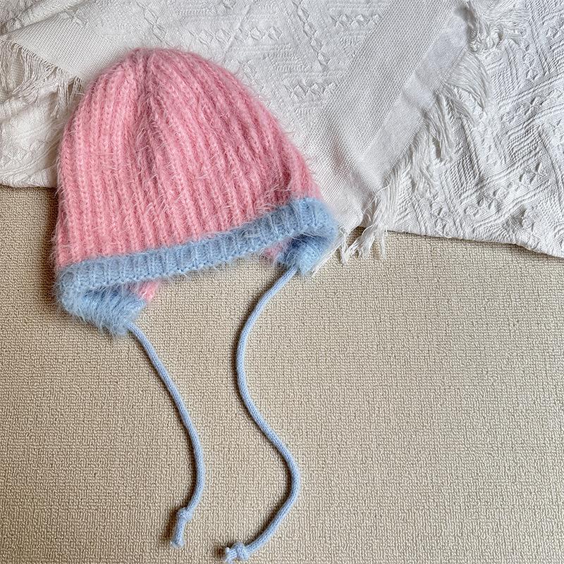 Children's Knitted Hat Simple Girl's Warm Pullover Hat Versatile Color Matching Woolen Hat  Strap Ear Protection Hat