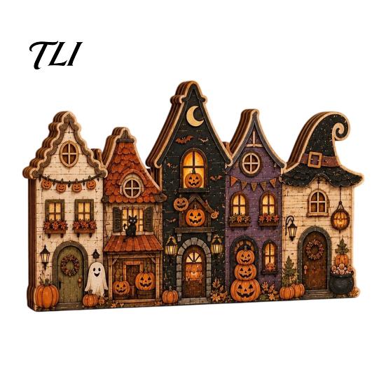 Autumn Theme Interior Ornaments Halloween Retro Haunted Village Wooden Tabletop Decor, Fall Farmhouse Witch Mantle Decorations House Ornament,