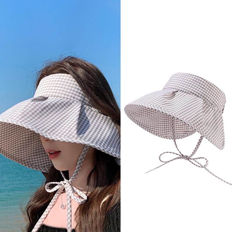 Summer Checkered Sun Hat Foldable Wide Brim Empty Top Beach Hat Breathable Uv Protection Women Sun Shade Visors