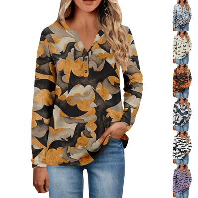 Tops de Cuello con Botones para Mujer Tops Casuales para el Día a Día para Mujer Camisetas de Manga Larga con Cuello en V con Estampado de Moda Camisetas con Bolsillo Sudaderas