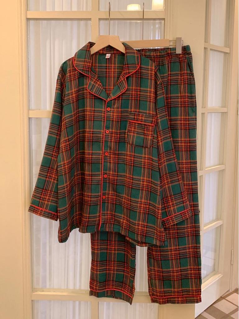 Корейський картатий різдвяний піжамний комплект для дівчаток - комірець Пітера Пена, довгий рукав та штани, осінньо-зимовий домашній одяг