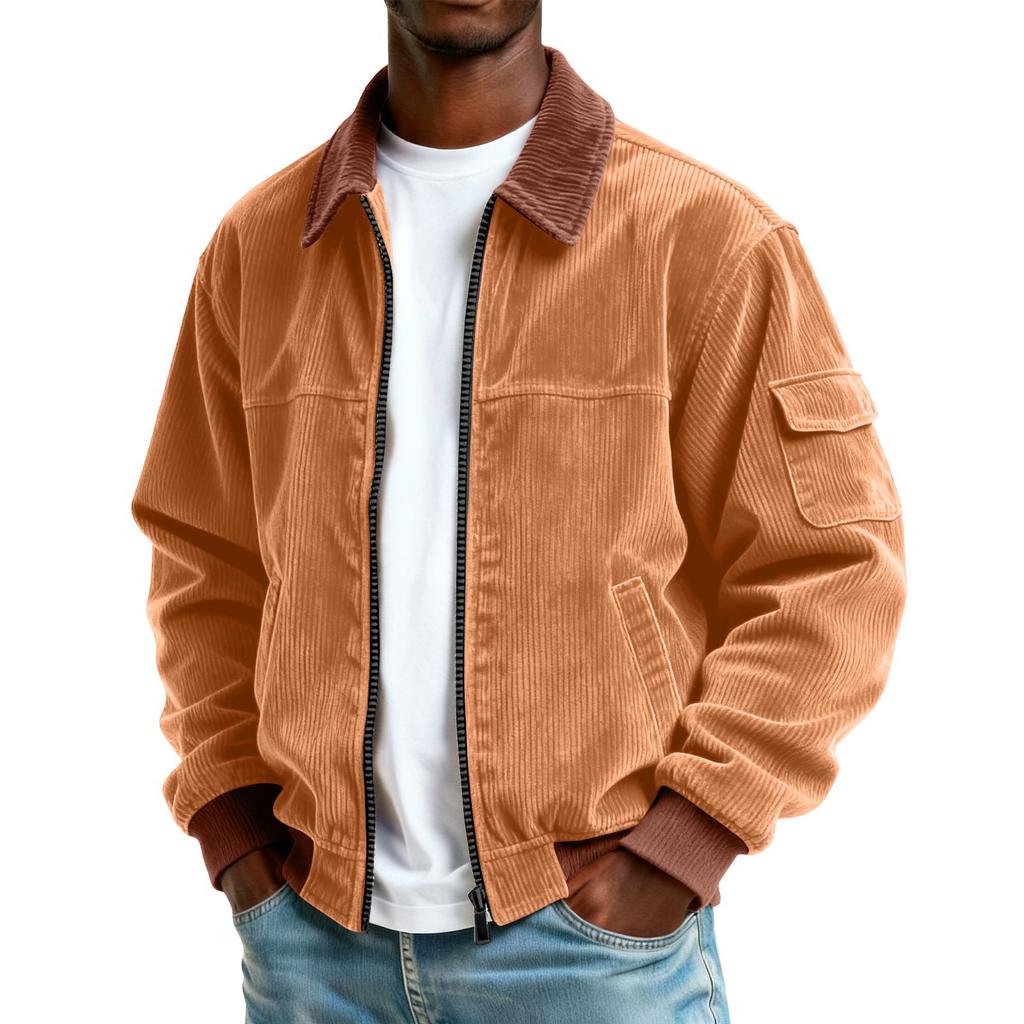 Men's Colorblock Corduroy Pocket Zipper Jacket Men's Plus Size Casual Sports Jacket
