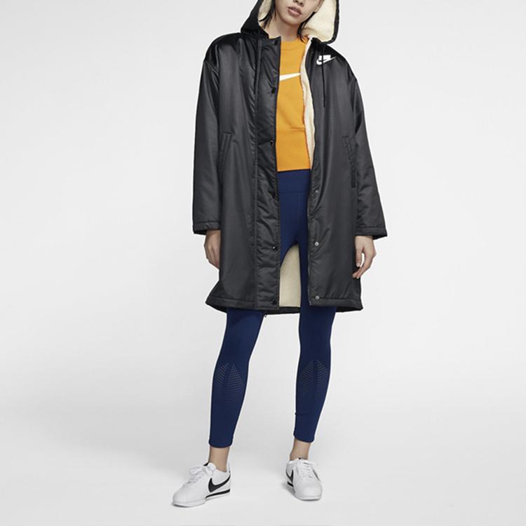 Nike Windproof Warm Mid-Length Casual Hooded Sherpa Cotton Coat Winter Women Coats Black BV3126-010