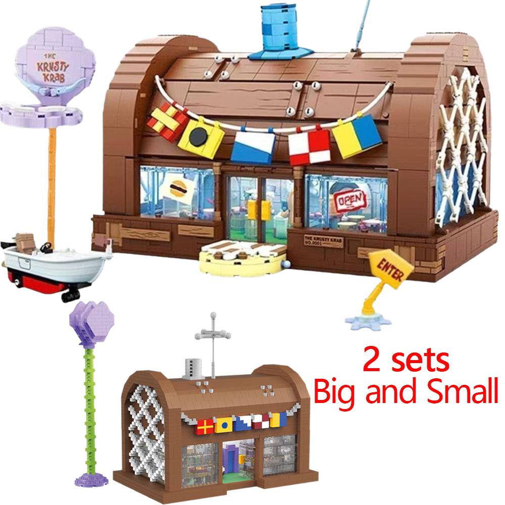 Non-Toxic Spongebob Cartoon Krusty Krab Restaurant Building Blocks Creative Canteen Scenes Model Bricks Desktop Ornaments Toy For Kid Gift