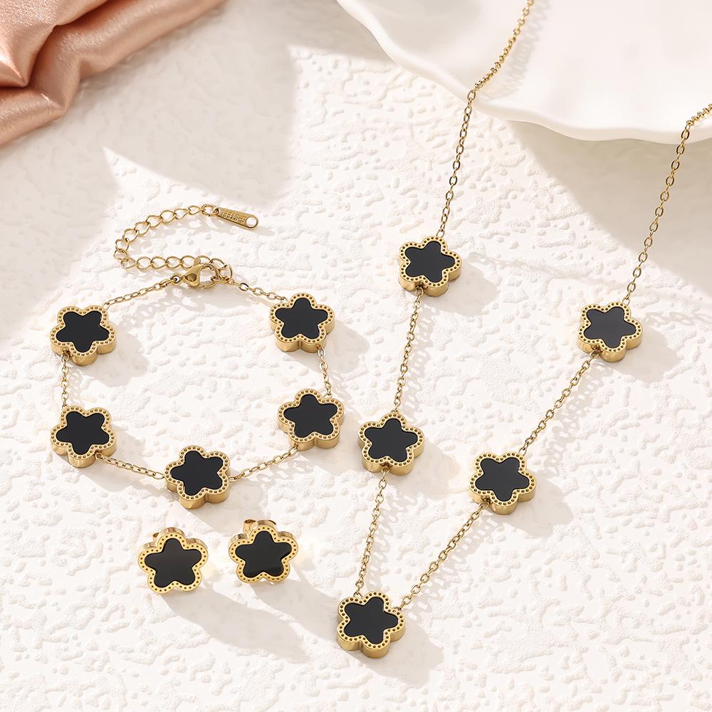 SHEIN 18K Gold-Plated Five-Petal Flower Jewelry Set: Bracelet, Necklace & Stud Earrings In Non-Fading Titanium Steel