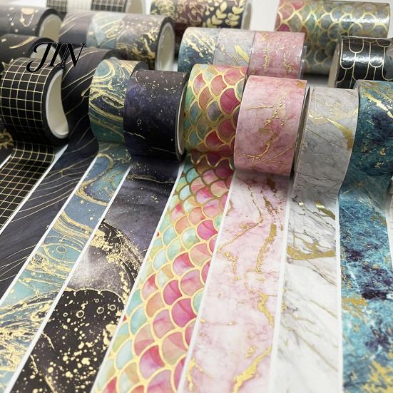 Adhesive Washi Tape 3 Rolls Golden Foil Tape, Retro Plaid Leaf Pattern Decorative Planner Masking for DIY Crafts, Journal, Planner, Scrapbooking