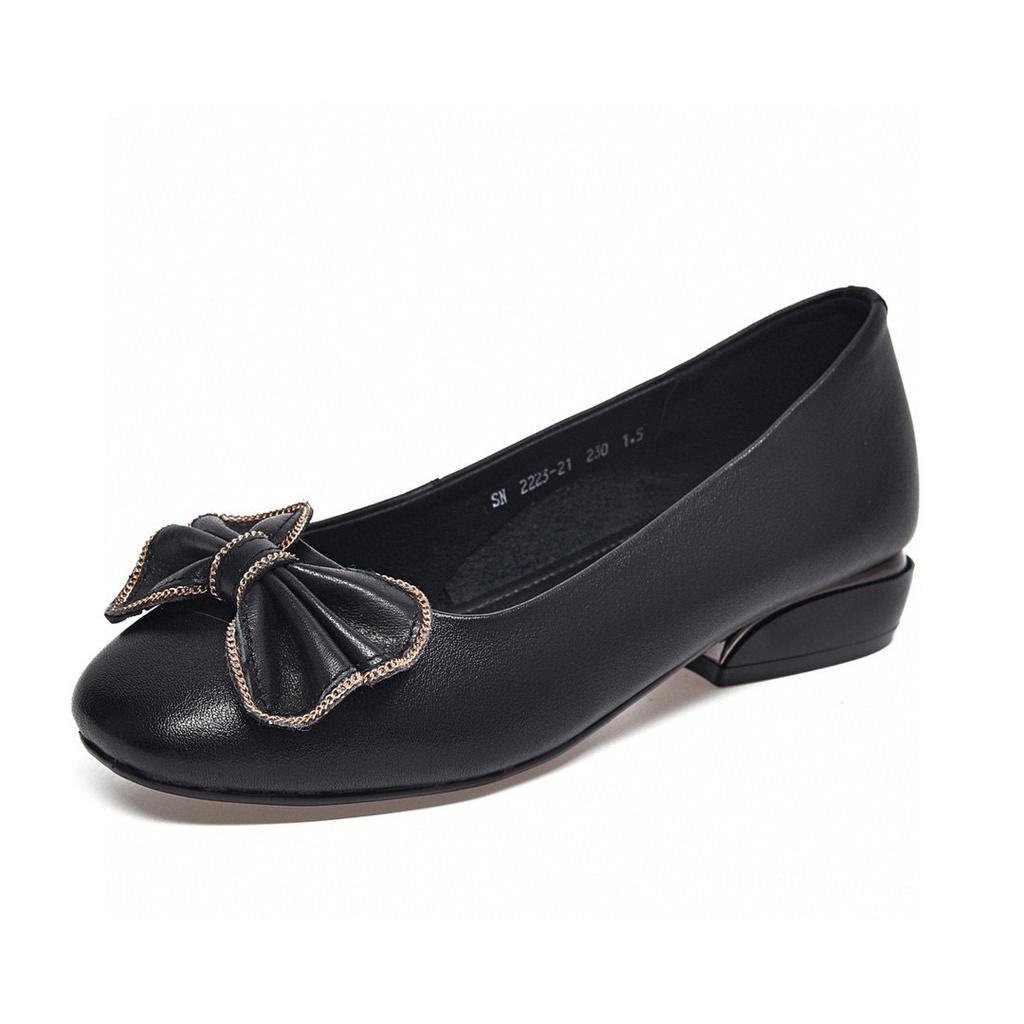 Spring and summer new bow light mouth single shoes first layer cowhide round flat shoes comfortable women's work shoes