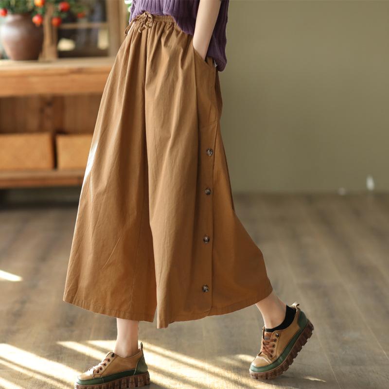 Johnature Women Vintage Loose Spring Wide Leg Pants Elastic Waist Cotton Belt Pockets Trouser Casual Pants