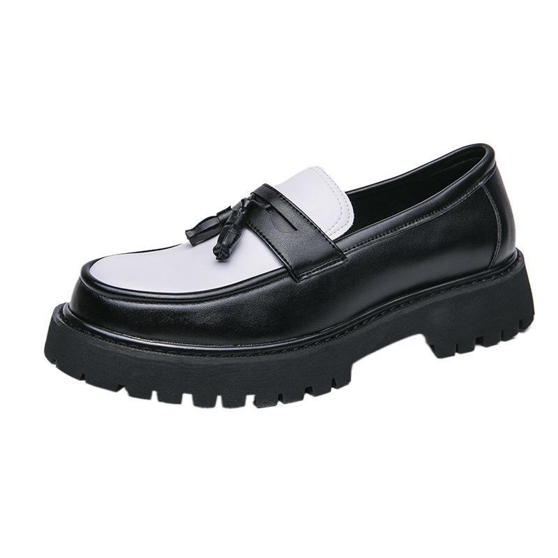 Four Seasons New Men's Low-top Thick-soled Height-increasing Leather Shoes Korean Version Contrasting Color Tassel Casual Fashion Youth Men's Shoes
