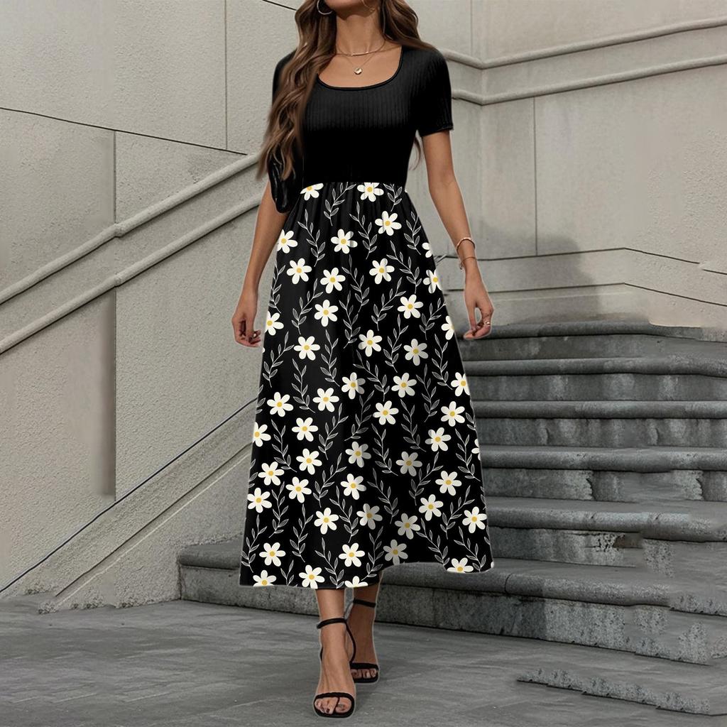 Women's Fashion Casual Short Sleeve Round Neck Splicing Floral Print Elegant Temperament Dress