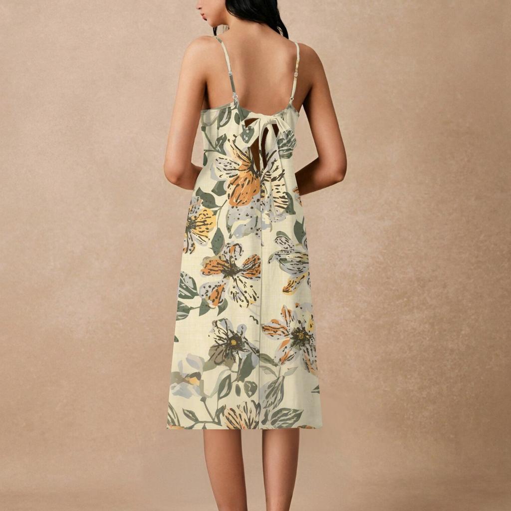 Women's Spaghetti Strap Backless Bow Loose Casual Beach Holiday Dress Sundress