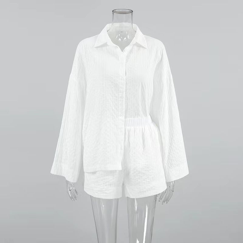 

Fashion Style Sexy See-through Jacquard Loose-Fitting Long Sleeves Shirt Shorts Two-Piece Suit Shirt and Shorts Set White S