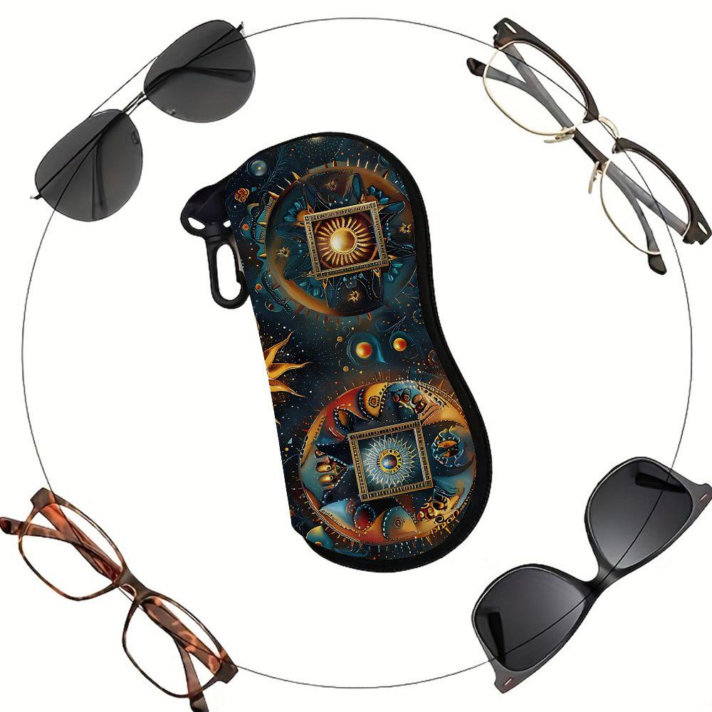 2D-Mystical Celestial Sun Moon Pattern Zipper Sunglasses Case, Protective Eyewear Container for Travel, Vintage Astrology Themed Portable Eyeglasses H