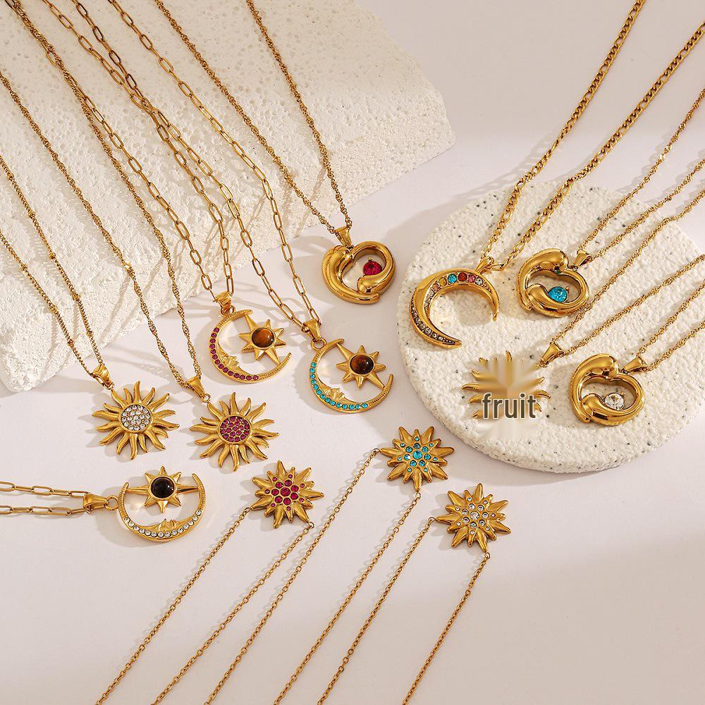 Yingtai 18k Gold Stainless/Titanium Steel Necklace: Summer Star, Moon & Sun Design, High-Quality Polished Finish for Women.