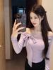 Women's Purple Mesh Lace-Up One-Shoulder Knit Top - Autumn/Winter, Slim-Fit, Off-Shoulder Long Sleeve, Stunning Pure Desire Style