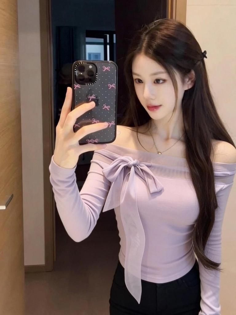 Women's Purple Mesh Lace-Up One-Shoulder Knit Top - Autumn/Winter, Slim-Fit, Off-Shoulder Long Sleeve, Stunning Pure Desire Style