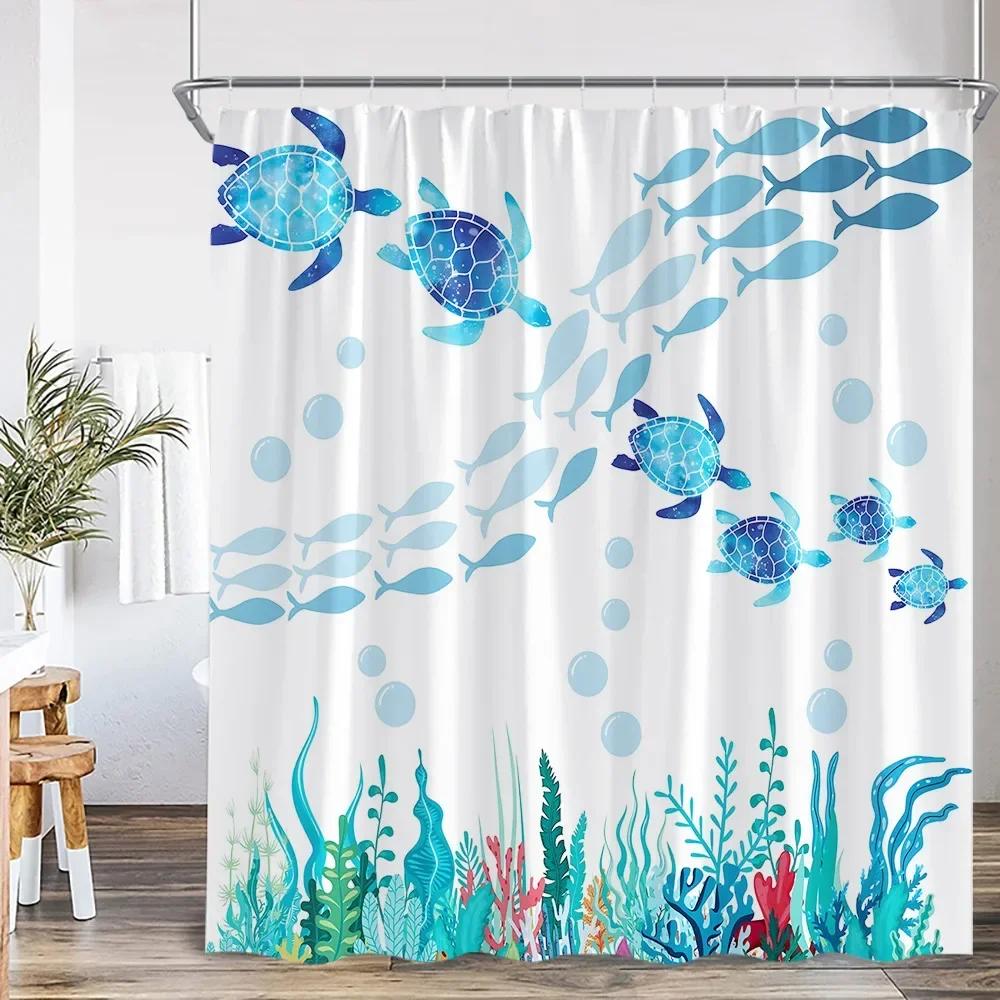 Ocean Animal Shower Curtain Sea Turtle Whale Shark Underwater World Bathroom Decorations Children'S Shower Curtain With Hook