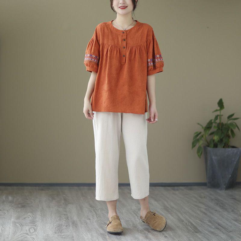 Chic Embroidered Cotton Linen Plus Size Summer Suit for Women - Short Sleeve Two-Piece Set