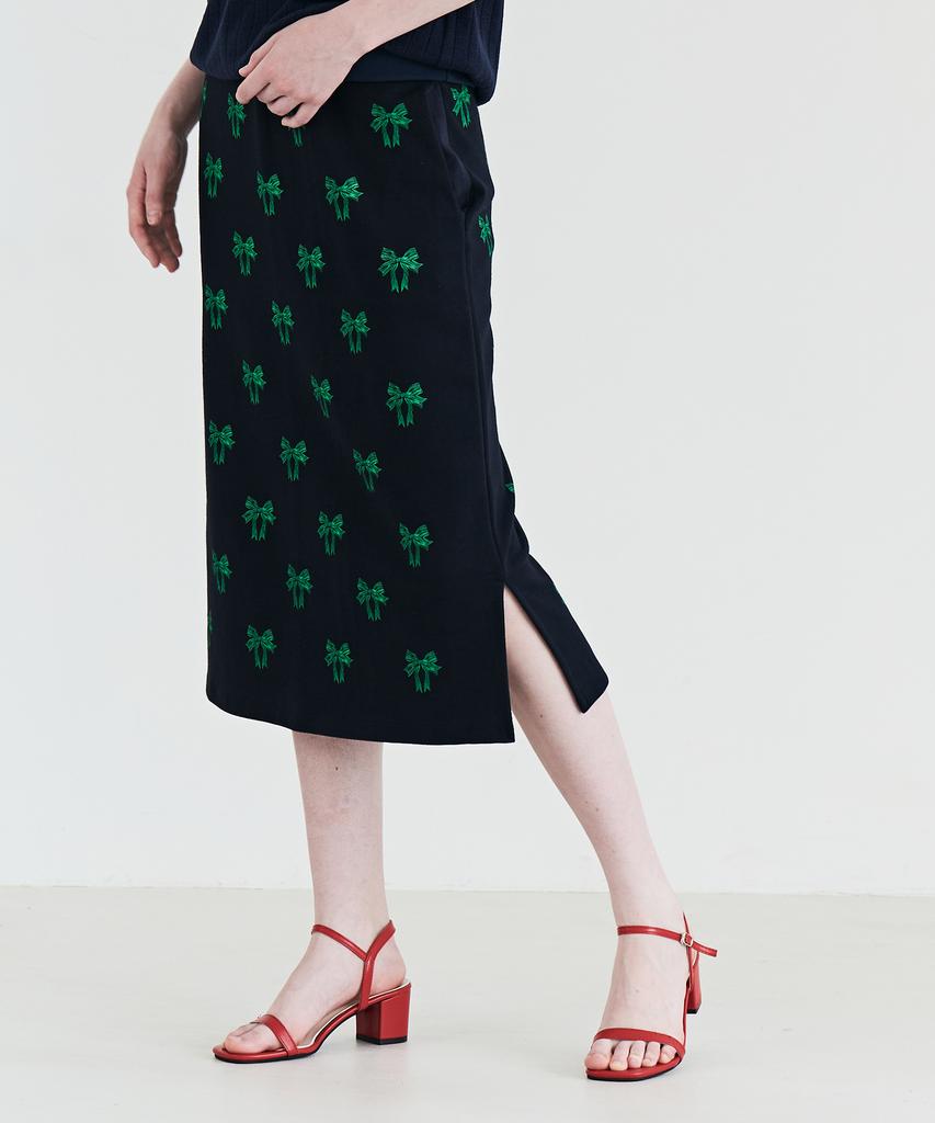 Metapeo Met Ribbon Print Elastic Waist Long Skirt Navy & Green