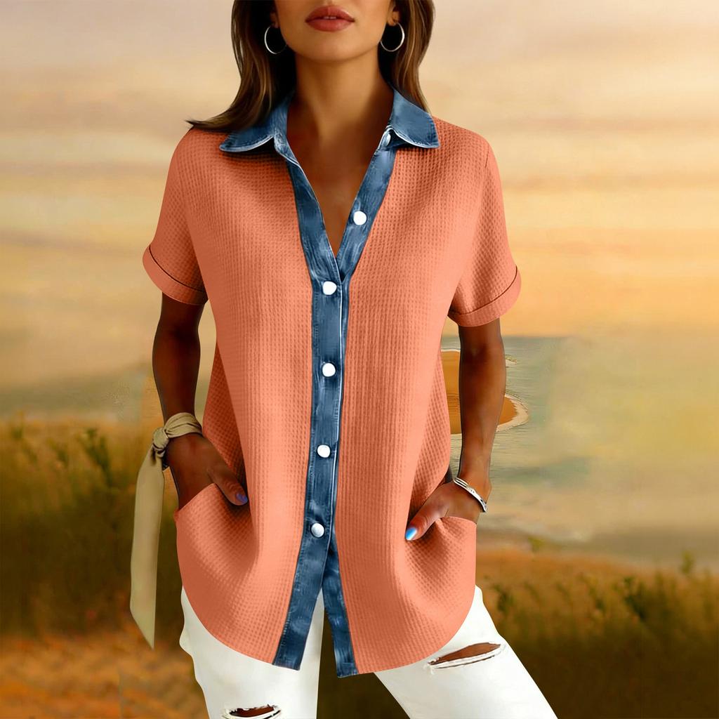 Womens Fashion Color Lapel Short Sleeved Denim Patchwork Button Up Shirt Loose Top