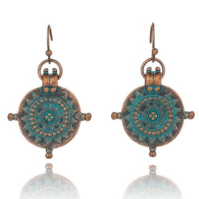 1 par de pendientes colgantes con forma de rueda de la India, exquisitos, estilo vintage, grabados, irregulares, étnicos, para mujeres y niñas, tallados, accesorios de plata dorada