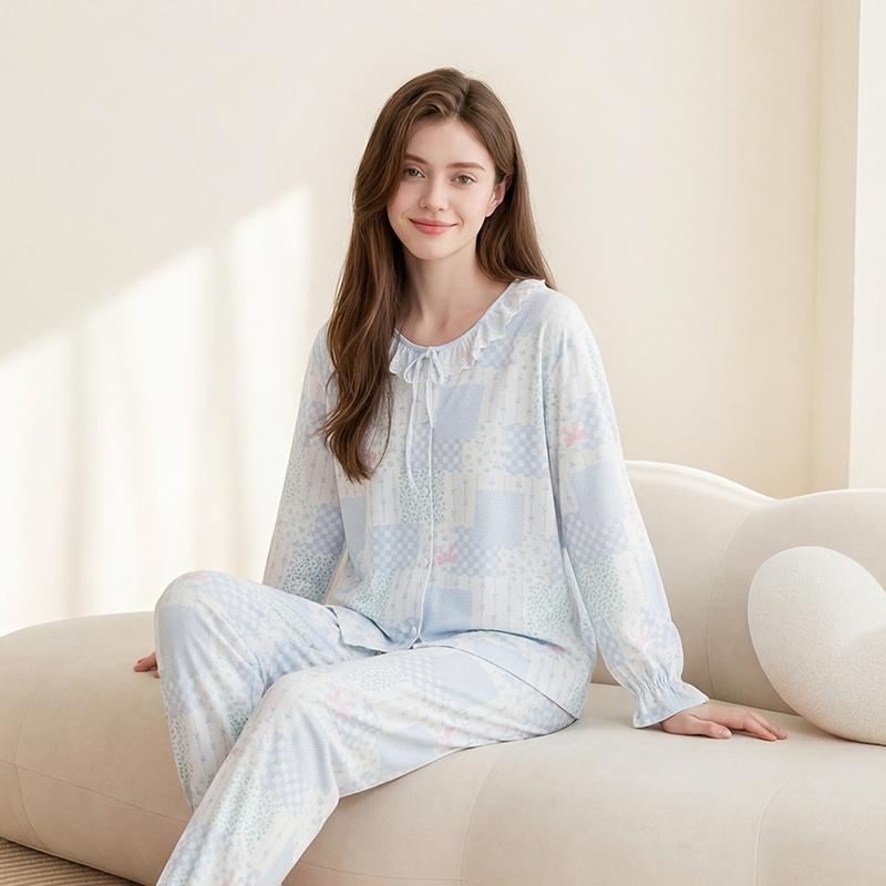 Fenteng [100% pure cotton 7A antibacterial] anti mite lace round neck cardigan long sleeved home suit set women's pajamas