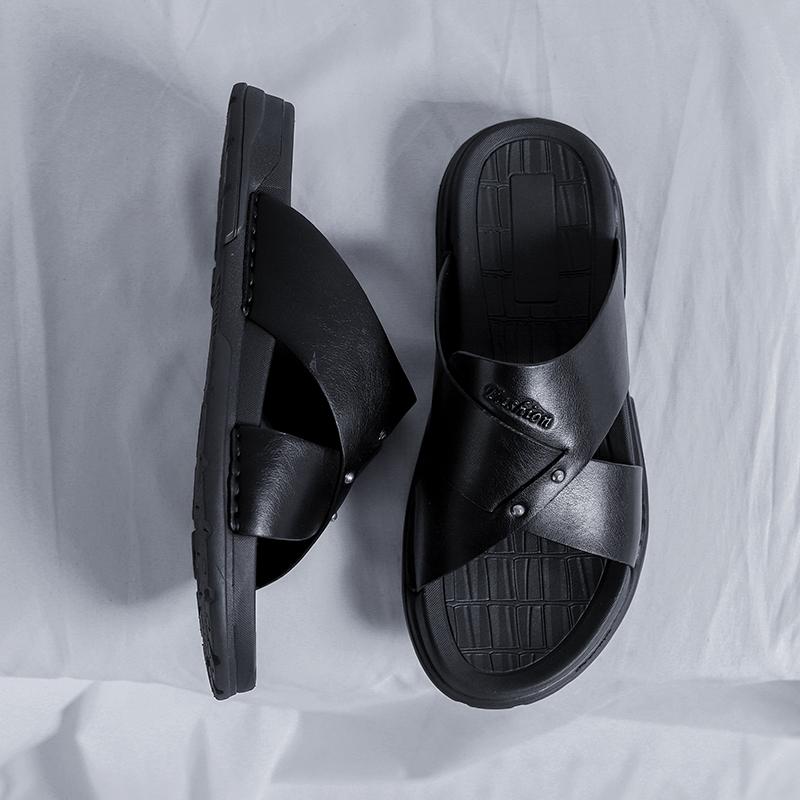 MódaLéto Pánské Sandály z Pravé Kůže Venkovní Plážové Sandály Gumová Podrážka Měkké Černé Pantofle se Silnou Podrážkou Pánské Římské Sandály