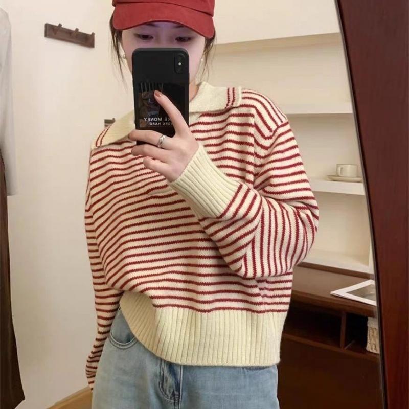 Women's Striped Polo's Neck Zipper Oversized Sweatshirt Long Sleeve Loose Casual Pullovers Autumn Korean College Style Sweater