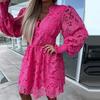 Women Fall Dress Lace Hollow Out A-line Loose Hem V Neck Long Sleeve