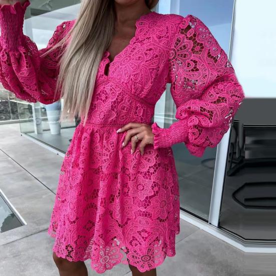 Women Fall Dress Lace Hollow Out A-line Loose Hem V Neck Long Sleeve