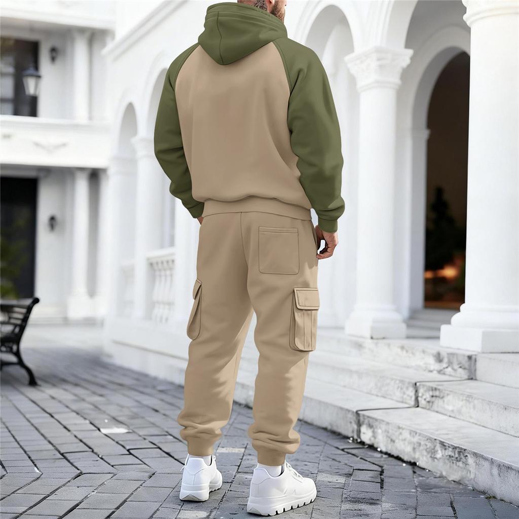 Men Color Block Zip Up Hoodie Cargo Pants 2 Piece Tracksuit Casual Sports Outfit Hooded Jacket Multi‑Pocket Jogger Trousers Set