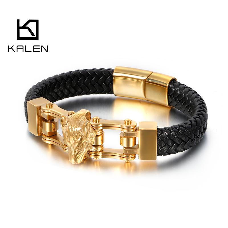 KALEN Black Genuine Leather Braided Rope Gold Stainless Steel Wolf Bracelet Men 21cm