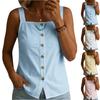 Women's Summer Fashion Color Square Neck Loose Sleeveless Button Vest Shirt Pullover Top