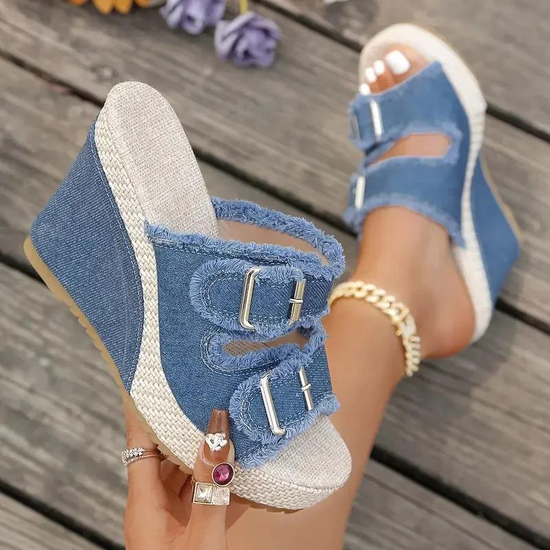 Sandali da Donna con Zeppa Piattaforma Estate Intreccio di Paglia Suola Spessa Ciabatte in Denim Sandalo alla Moda Casual con Cinturino a Doppia Fibbia