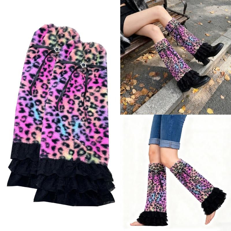 1 Paar bequeme Fleece-Beinlinge zum Stapeln mit Leopardenmuster und Spitzenbesatz, verstellbar für Outfits bei kaltem Wetter