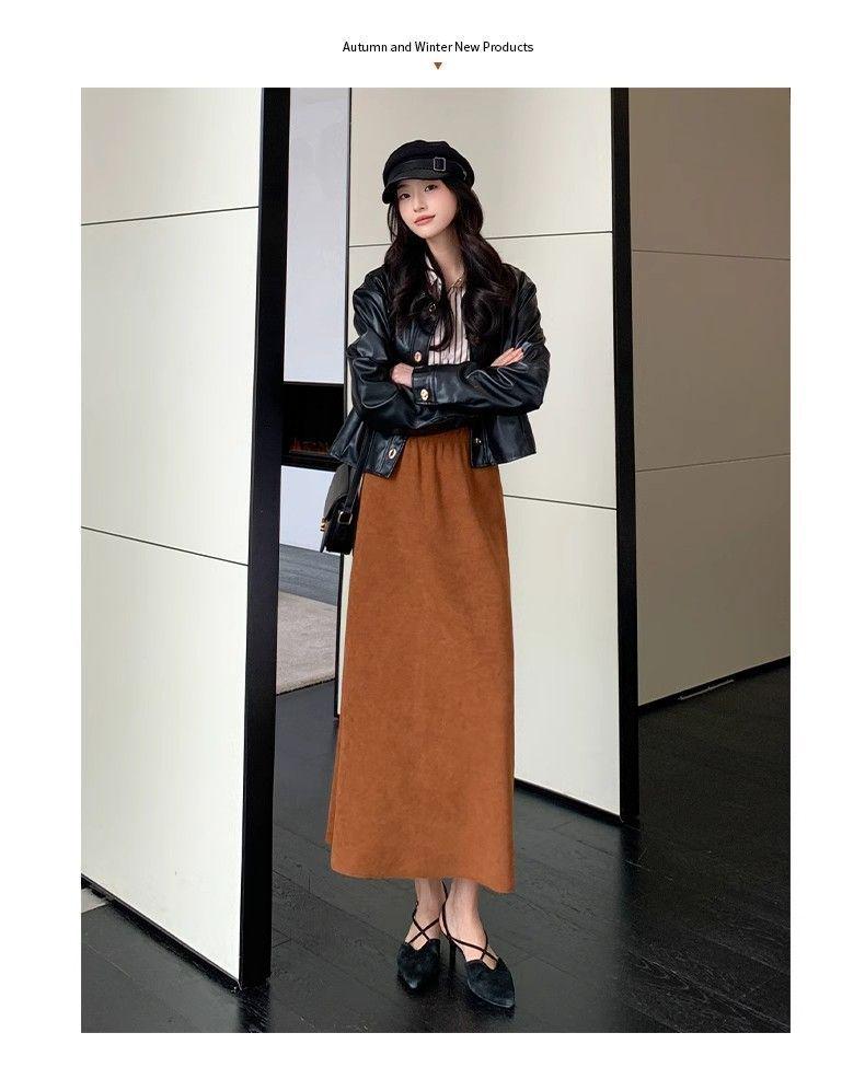 Women's Black High-Waist Knitted Midi Skirt - Korean Style, Spring/Autumn 2024 Collection