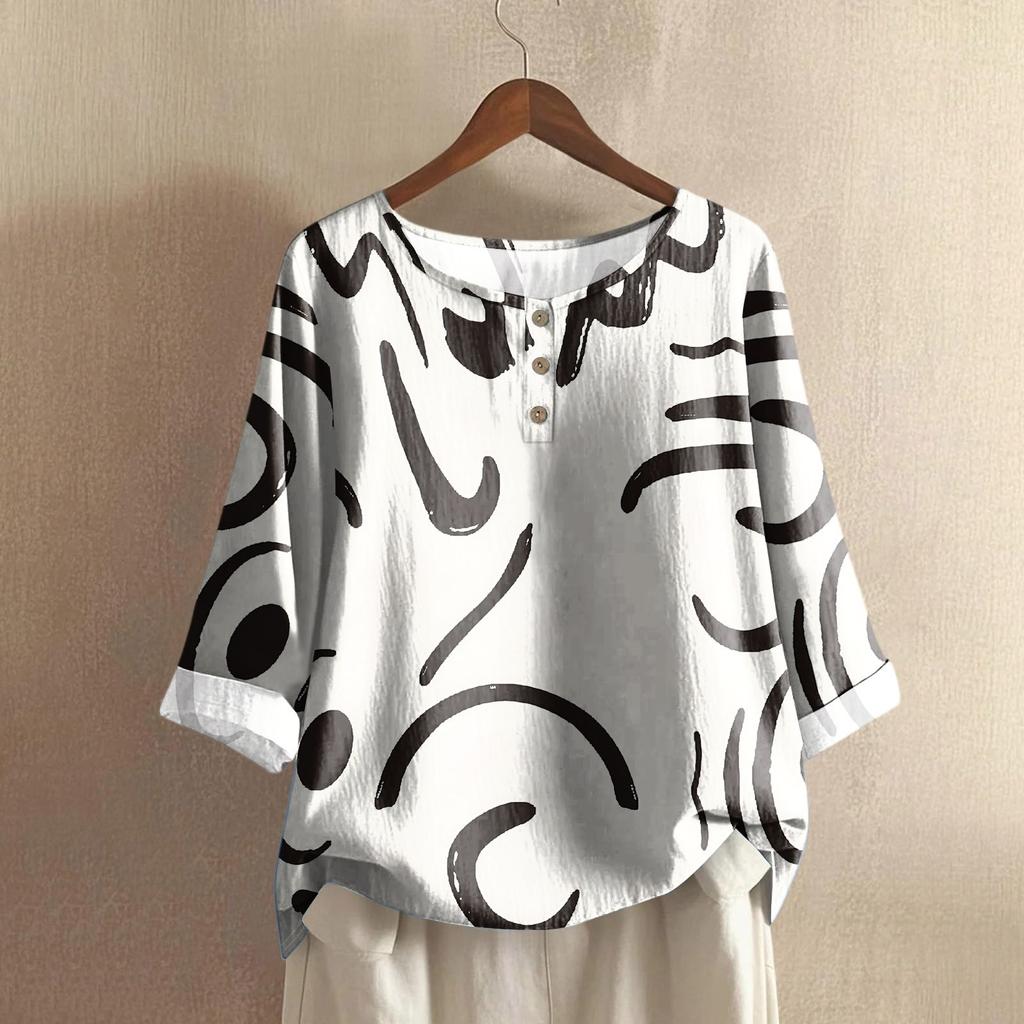 Women's Casual Three-quarter Sleeve Round Neck Gradient Color Printed Cotton And Linen Top