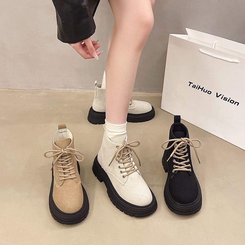 Thick-soled Martin Boots for Women's 2025 New Spring and Autumn British Style Retro Round Head Thick Heel Foreign Style Versatile Lace-up Sho