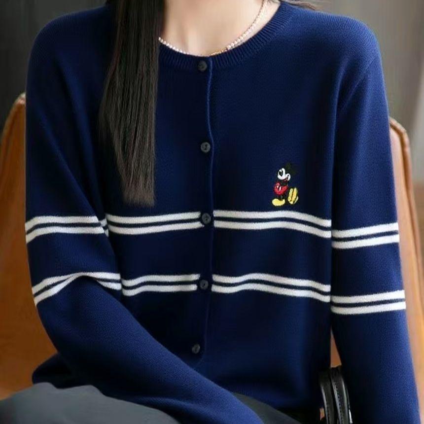 Damen Strickcardigan mit Streifen in Übergröße - Einreiher, Rundhalsausschnitt, Langarm, Lässiger Herbststil