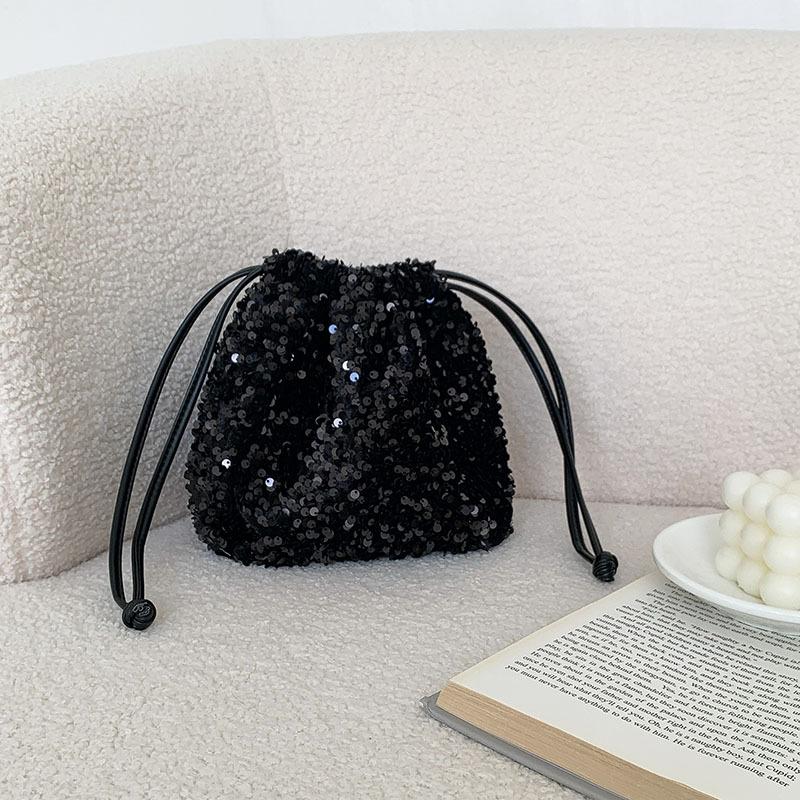 Korean Small Sequin Bucket Bag, High-end, Trendy, Soft, Drawstring Shoulder Bag, Niche, Fashionable, Personalized Crossbody Bag чёрный