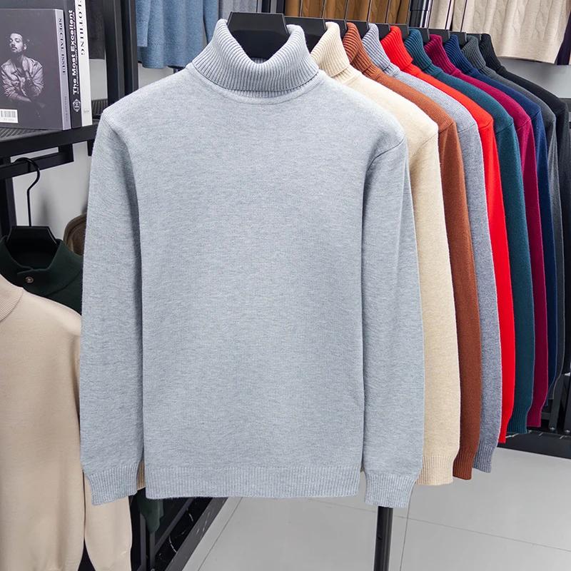 Autumn Mens Knitted Turtleneck Sweater Slim Fit Long Sleeve Anti-pilling Pullover Solid Color Trend Men Streetwear